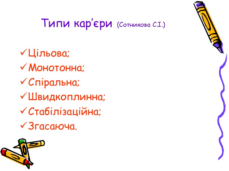 Типи кар’єри (Сотникова С.І.) Цільова; Монотонна; Спіральна; Швидкоплинна; Стабілізаційна; Згасаюча.